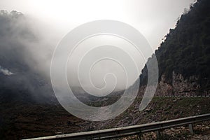 Fog over the karst mountains in Meo vac