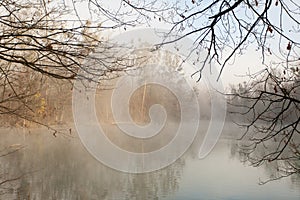 fog over the lake, cold morning, late autumn in park