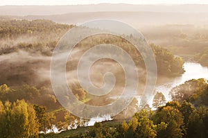 Fog over Neris river in Lithuania next to Vilnius City