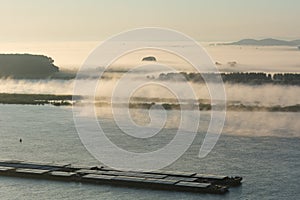 Fog over river. Fog over the Danube River, Romania. Fog over the river and Barge on the Danube, selective focus, shallow depth of