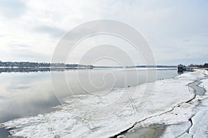 Fog over the river. Spring landscape. Retro marina. Sky clouds. Water