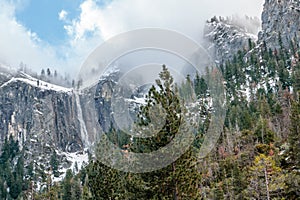 Fog Over Yosemite Mountains and Waterfall