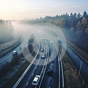 Fog Road, Foggy Highway, Autumn Smoke, City Smog, Perspective Fog Highway Landscape