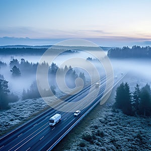 Fog Road, Foggy Highway, Autumn Smoke, City Smog, Perspective Fog Highway Landscape