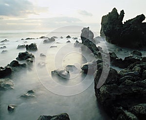 Fog among rocks on coastline