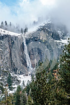 Fog Over Yosemite Mountains and Waterfall