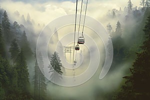 fog rolling in over a ski lift ride, creating a dreamy scene