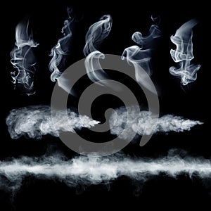 Fog or smoke set isolated on black background. White cloudiness, mist or smog background