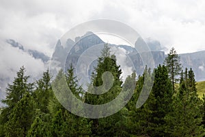 Fog after summer rain in the Alpine mountains near town Colfosco Calfosch Italian Dolomites