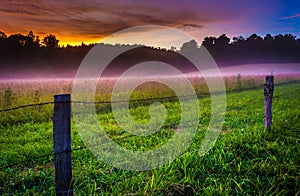 Fog at sunset at Cade's Cove, Great Smoky Mountains National Par