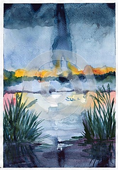 Fog sunset water river plants blue cloudy sky watercolor illustration
