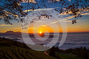 Fog surrounding town Zug and Zugersee during the sunset photo