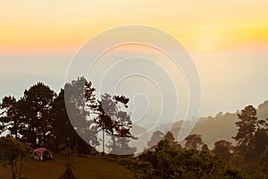 Fog and suunrise at mountain, landscape background, Thailand