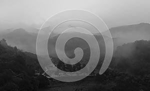 Fog village black and white image photo