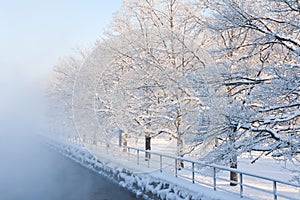 Fog winter landscape on the river Fabulous misty view of lake Frosty morning. Cold weather background concept. Abstract