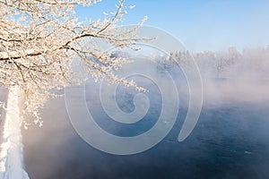 Fog winter landscape on the river Fabulous misty view of lake Frosty morning. Cold weather background concept. Abstract