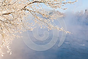 Fog winter landscape on the river Fabulous misty view of lake Frosty morning. Cold weather background concept. Abstract