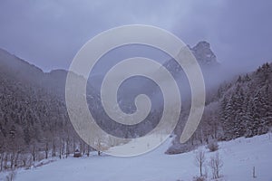 Fog in the winter mountains