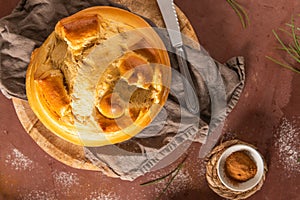 Fogaca on kitchen countertop. Fogaca is a traditional cake from Santa Maria da Feira, Aveiro, Portugal