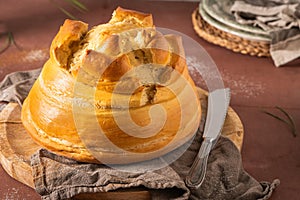 Fogaca on kitchen countertop. Fogaca is a traditional cake from Santa Maria da Feira, Aveiro, Portugal