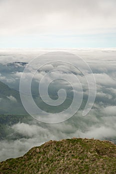 Foggy Appenzell area seen from the top of the mount hoher Kasten in Switzerland