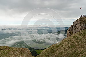 Foggy Appenzell area seen from the top of the mount hoher Kasten in Switzerland