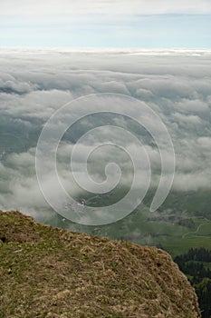 Foggy Appenzell area seen from the top of the mount hoher Kasten in Switzerland