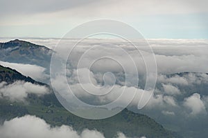 Foggy Appenzell area seen from the top of the mount hoher Kasten in Switzerland