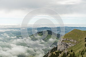 Foggy Appenzell area seen from the top of the mount hoher Kasten in Switzerland