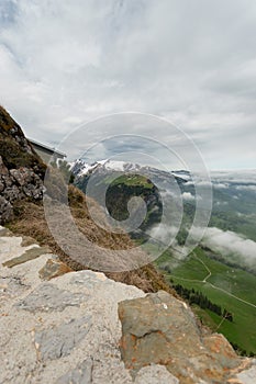 Foggy Appenzell area seen from the top of the mount hoher Kasten in Switzerland