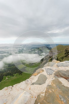 Foggy Appenzell area seen from the top of the mount hoher Kasten in Switzerland