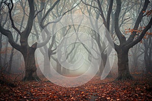 Foggy autumn path through a mysterious forest