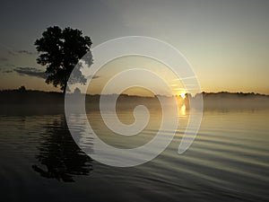 foggy blured orange sunrise at a river, the burning sky is reflected in calm water , dark tree silhouettes,