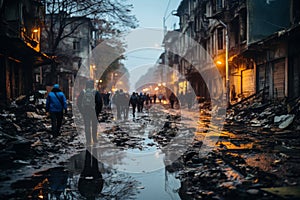 Foggy city battle with fires, fights, and soldier in gas mask amidst war-torn chaos