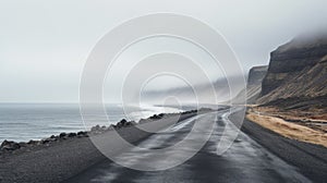 Foggy Coastal Road In Iceland: Tranquil Landscapes And Expansive Views