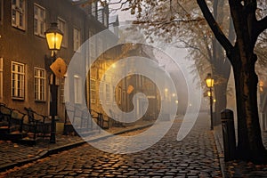 foggy cobblestone street with glowing streetlamps