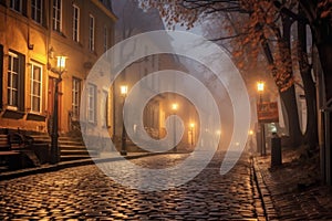 foggy cobblestone street with glowing streetlamps