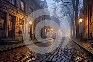 foggy cobblestone street with glowing streetlamps