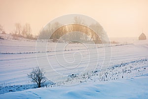 Foggy countryside at dawn. beautiful rural landscape in wintertime