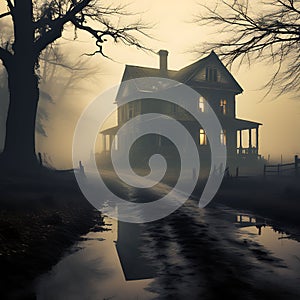 foggy and creepy old house - an eerie and atmospheric scene