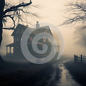 foggy and creepy old house - an eerie and atmospheric scene