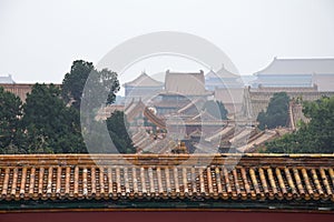 Decorative roofs of ancient pavilions in Forbidden City in Beijing, China.