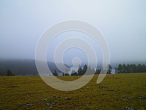 Foggy day in Krzeszna, Ostrzyckie lake and Wiezyca hills Poland