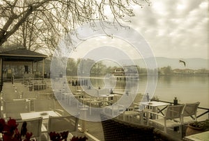 Foggy day on lake Pamvotis, Epirus, Greece