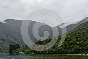 A foggy day in the Marlborough Sounds, in the South Island of New Zealand