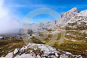 Foggy day at Picos de Europs national park at Fuente De