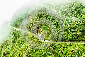 Foggy death road in the Yungas in Bolivia