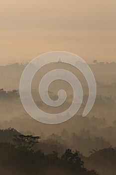 Foggy Early Morning Borobudur Famous Temple Silhoulette