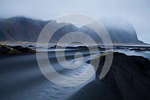 Foggy evening at Vestrahorn on the Stokksnes peninsula in southeast Iceland