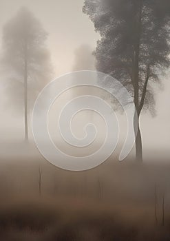 foggy field with trees in the background, matte photo naturalism, soft fog, vertical image